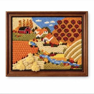 Vintage Handmade Needlepoint Farmhouse Scene Framed Wall Art  Autumn Colors